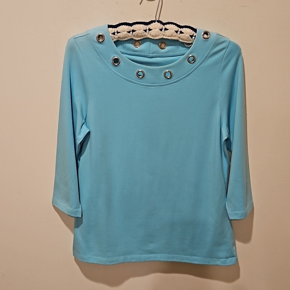E.L.I WOMEN'S AQUA PERUVIAN PIMA COTTON TOP QUALITY KNIT PULLOVER TOP SIZE M